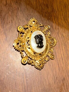 Vintage Gold Cameo Brooch with Black and White Silhouette